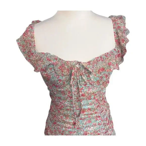 Anthropologie ASTR the Label S Floral Ruched Ruffle Mini Dress Milkmaid Coquette - Picture 5 of 12